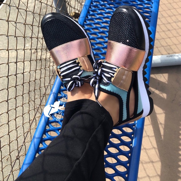 Teal and Champagne Sexy Side Cutout Sneaker Kicks - Picture 3 of 8